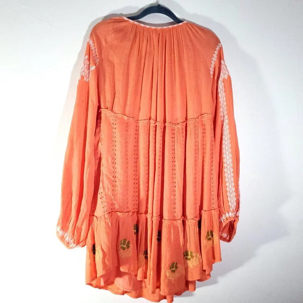 Free People Coral Orange Embroidered Mini Dress